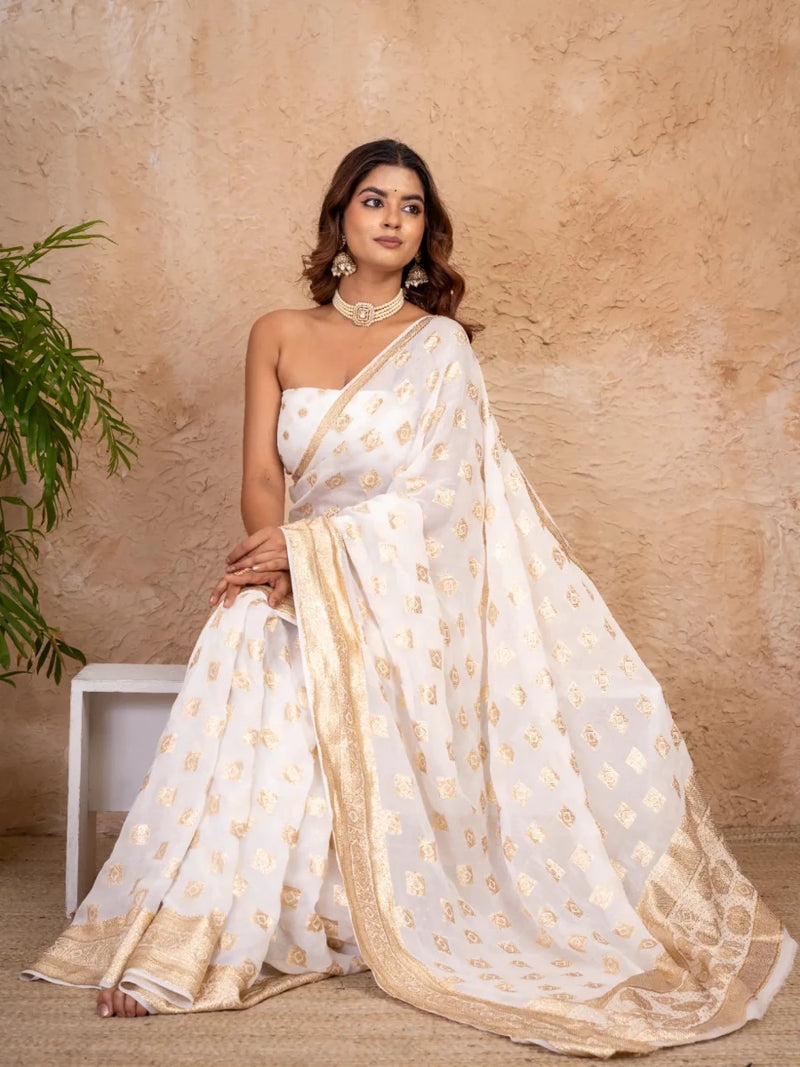 Pure Georgette Zari Saree with Golden Booti Work & Wide Zari Border - Shri SKA Sons