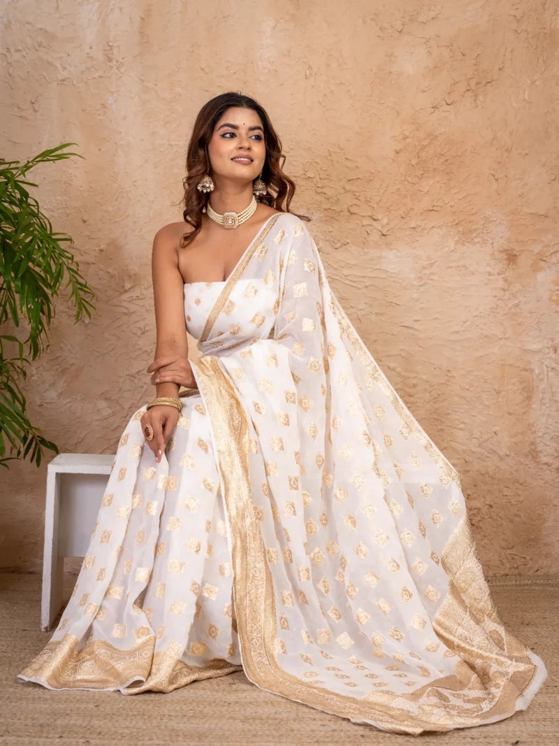 Pure Georgette Zari Saree with Golden Booti Work & Wide Zari Border - Shri SKA Sons