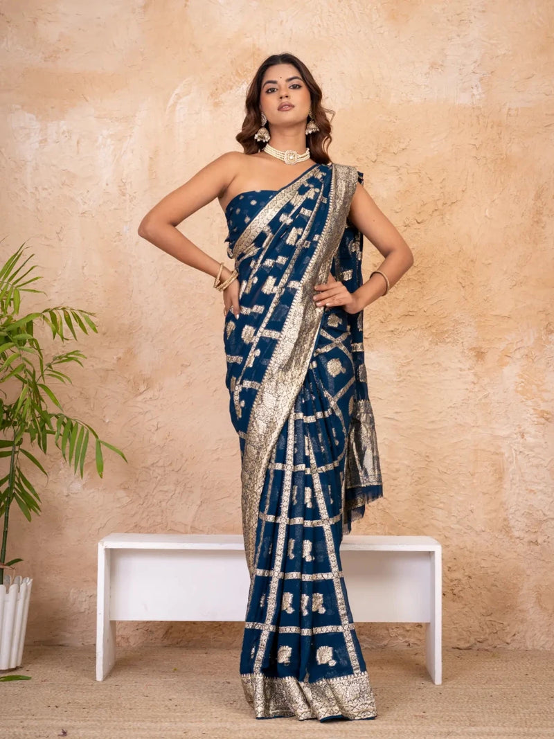 Navy Blue Pure Georgette Zari Check Saree with Golden Zari Border - Shri SKA Sons