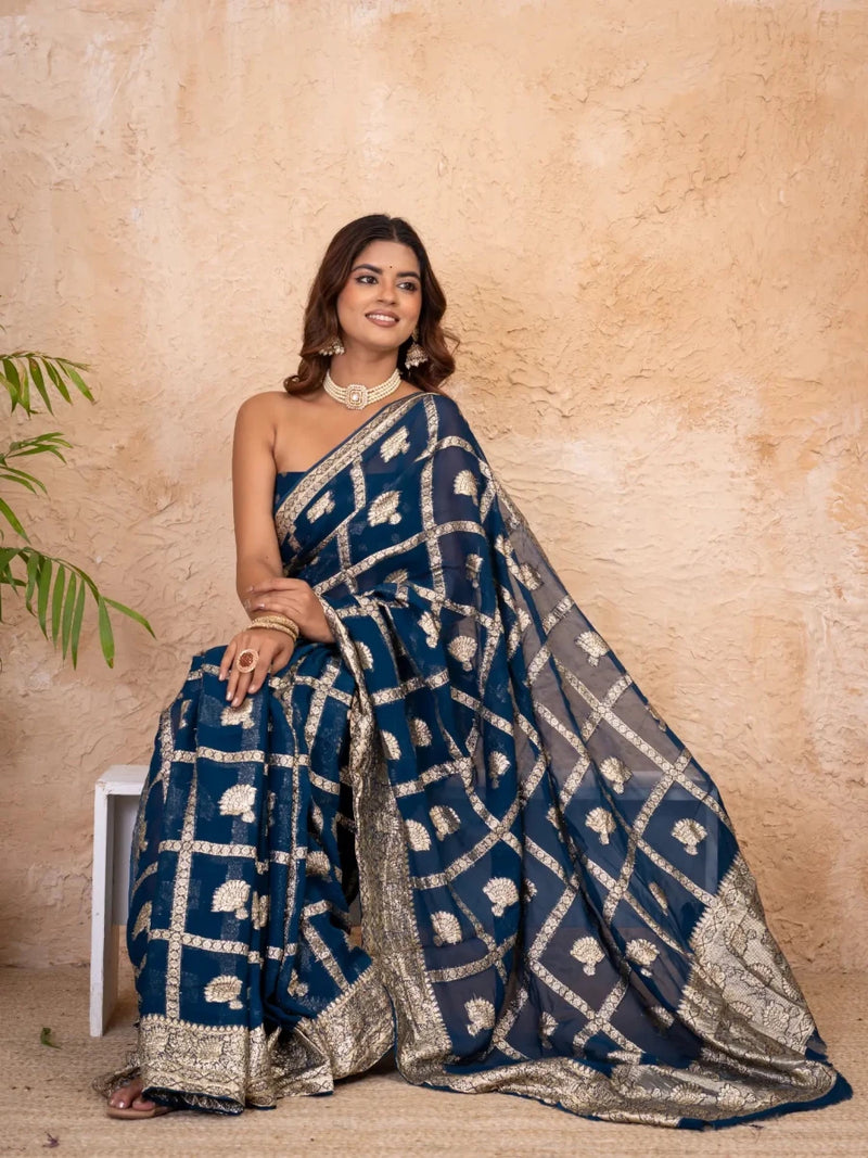 Navy Blue Pure Georgette Zari Check Saree with Golden Zari Border - Shri SKA Sons