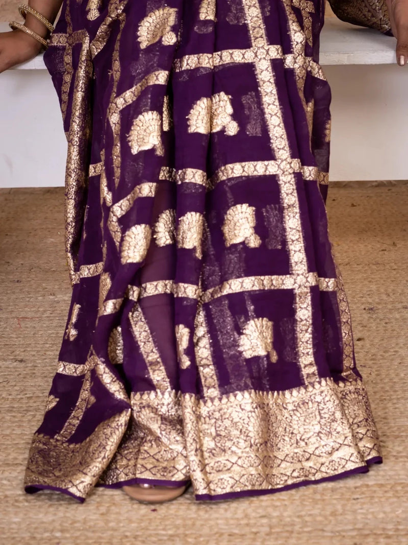 Royal Purple Pure Georgette Zari Check Saree with Golden Zari Border - Shri SKA Sons