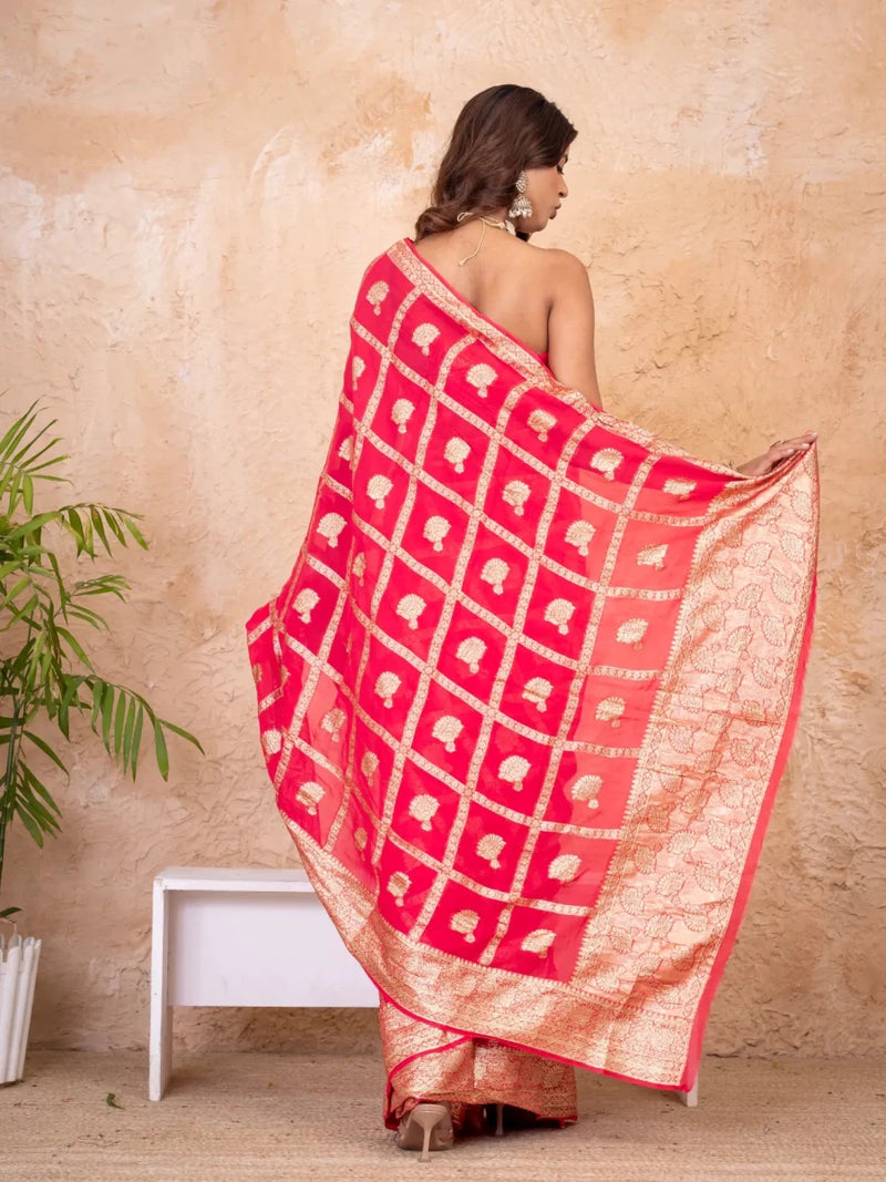 Rani Pink-Red Pure Georgette Zari Check Saree with Golden Zari Border - Shri SKA Sons