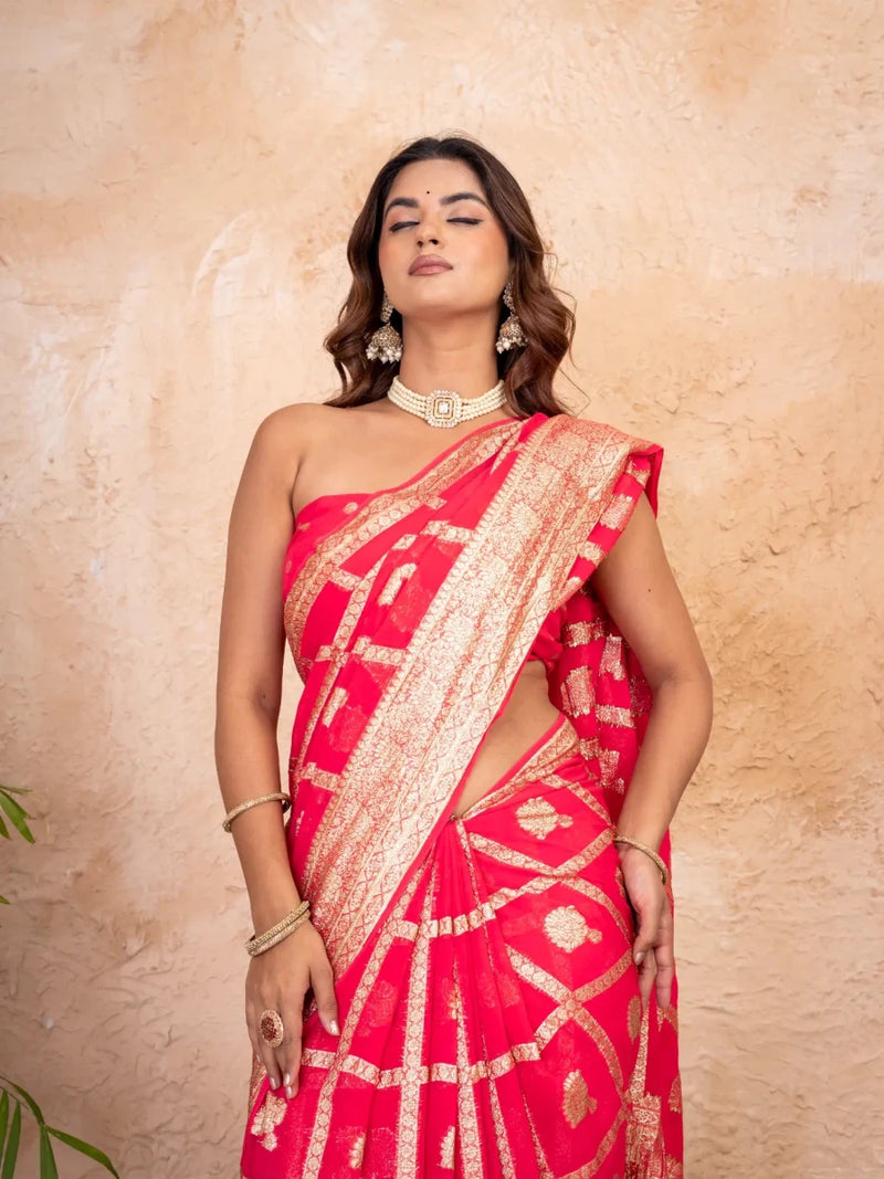 Rani Pink-Red Pure Georgette Zari Check Saree with Golden Zari Border - Shri SKA Sons