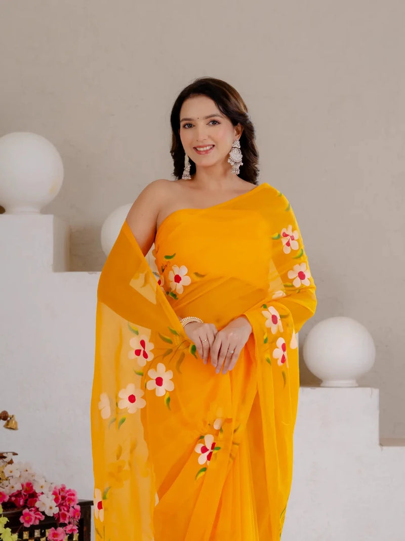 Mustard Yellow Hand Painted Georgette Saree with White Hibiscus Floral Print - Shri SKA Sons