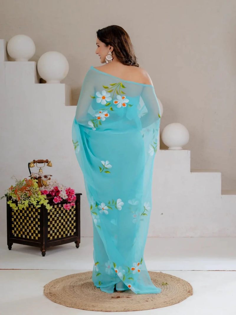 Sky Blue Hand Painted Georgette Saree with White Hibiscus Floral Print - Shri SKA Sons