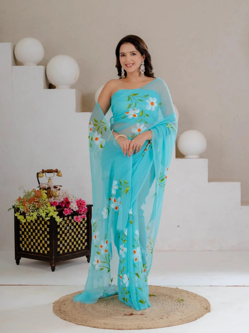 Sky Blue Hand Painted Georgette Saree with White Hibiscus Floral Print - Shri SKA Sons