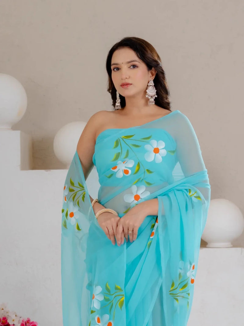 Sky Blue Hand Painted Georgette Saree with White Hibiscus Floral Print - Shri SKA Sons