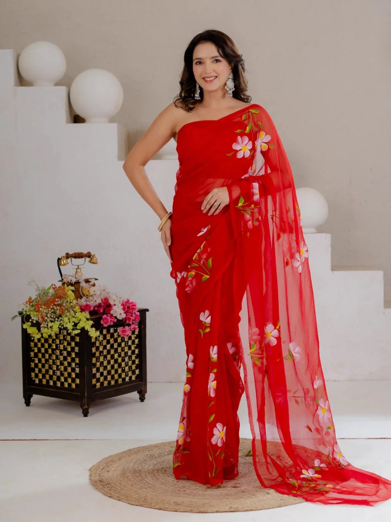 Red Hand Painted Georgette Saree with White Hibiscus Floral Print - Shri SKA Sons