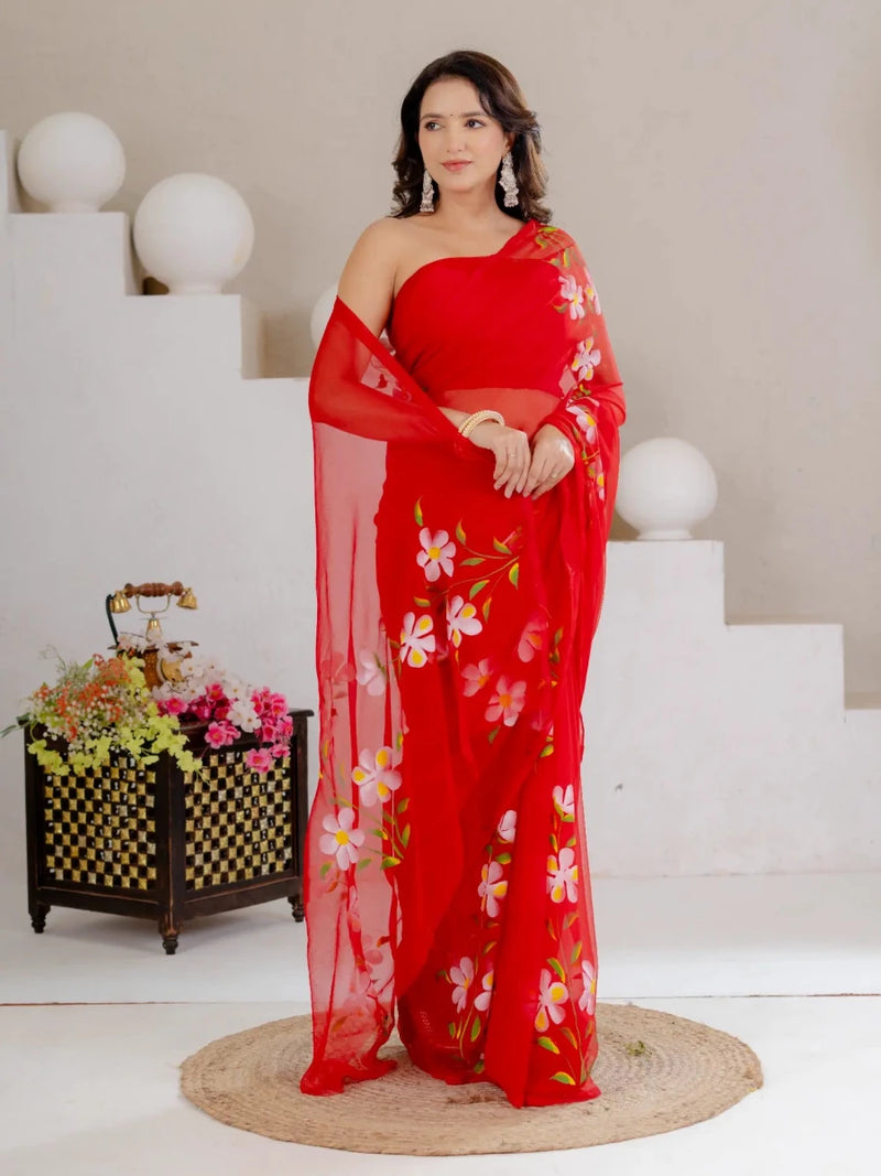 Red Hand Painted Georgette Saree with White Hibiscus Floral Print - Shri SKA Sons