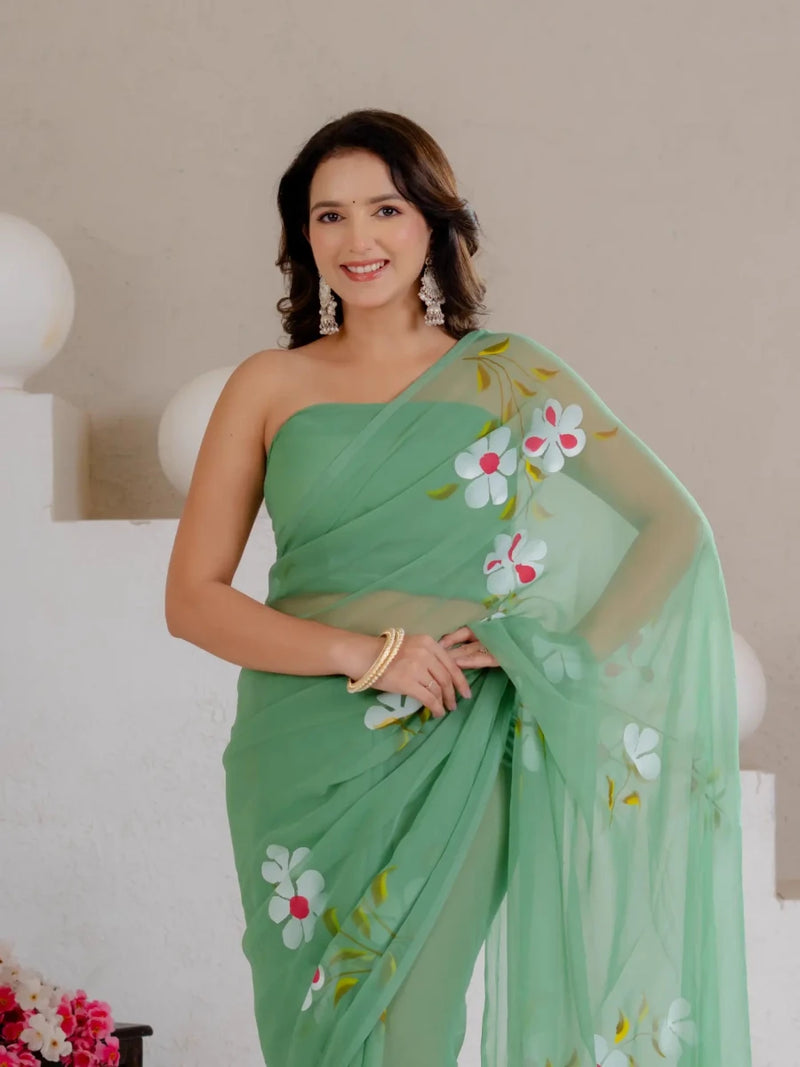 Sea Green Hand Painted Georgette Saree with White Hibiscus Floral Print - Shri SKA Sons