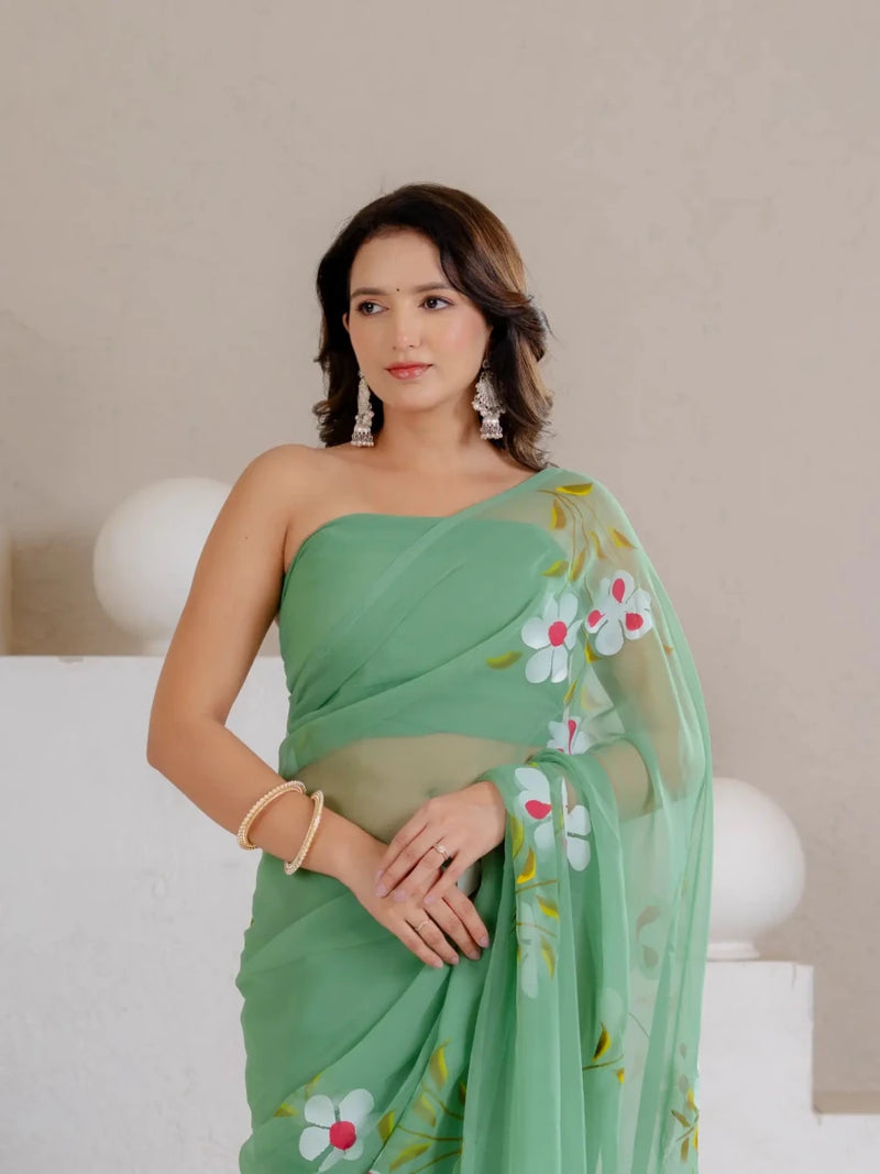 Sea Green Hand Painted Georgette Saree with White Hibiscus Floral Print - Shri SKA Sons
