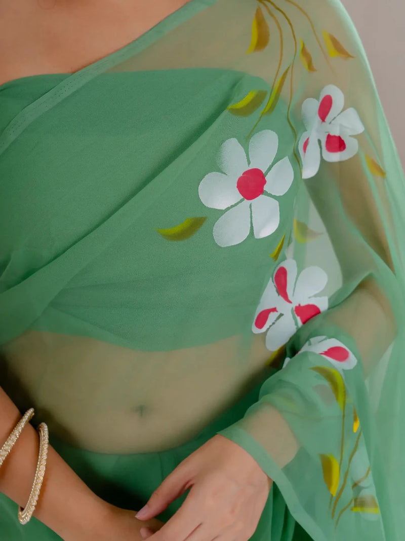 Sea Green Hand Painted Georgette Saree with White Hibiscus Floral Print - Shri SKA Sons