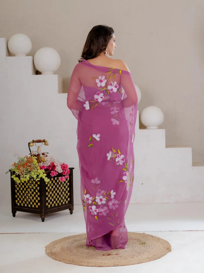 Mauve Purple Hand Painted Georgette Saree with White Hibiscus Floral Print - Shri SKA Sons