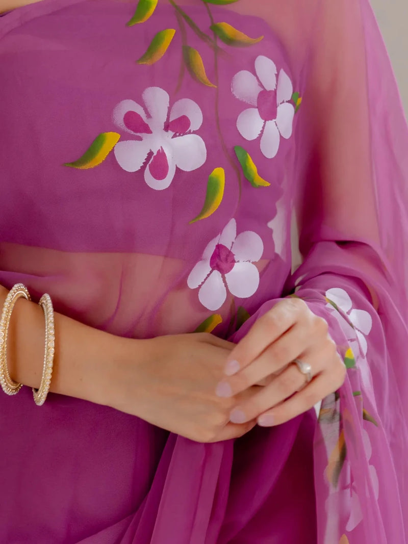 Mauve Purple Hand Painted Georgette Saree with White Hibiscus Floral Print - Shri SKA Sons