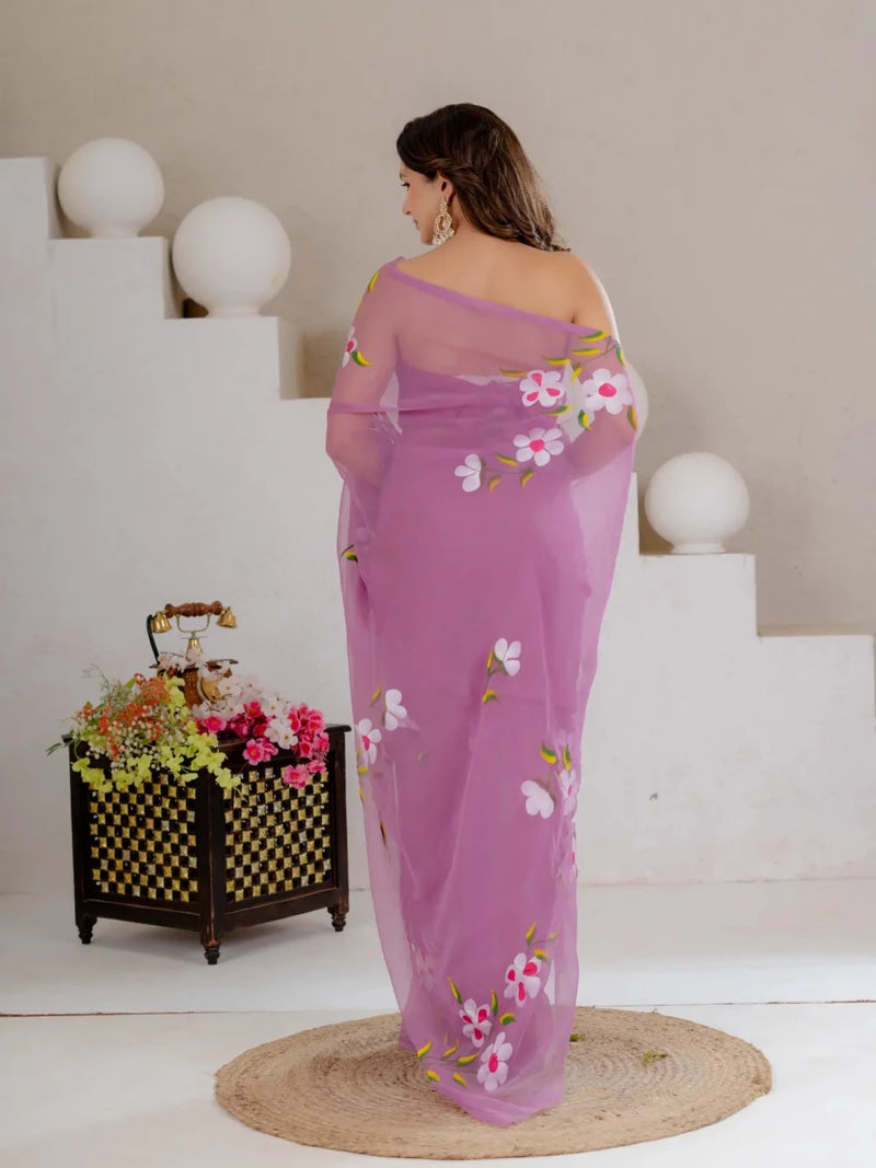 Mauve Purple Hand Painted Georgette Saree with White Hibiscus Floral Print - Shri SKA Sons