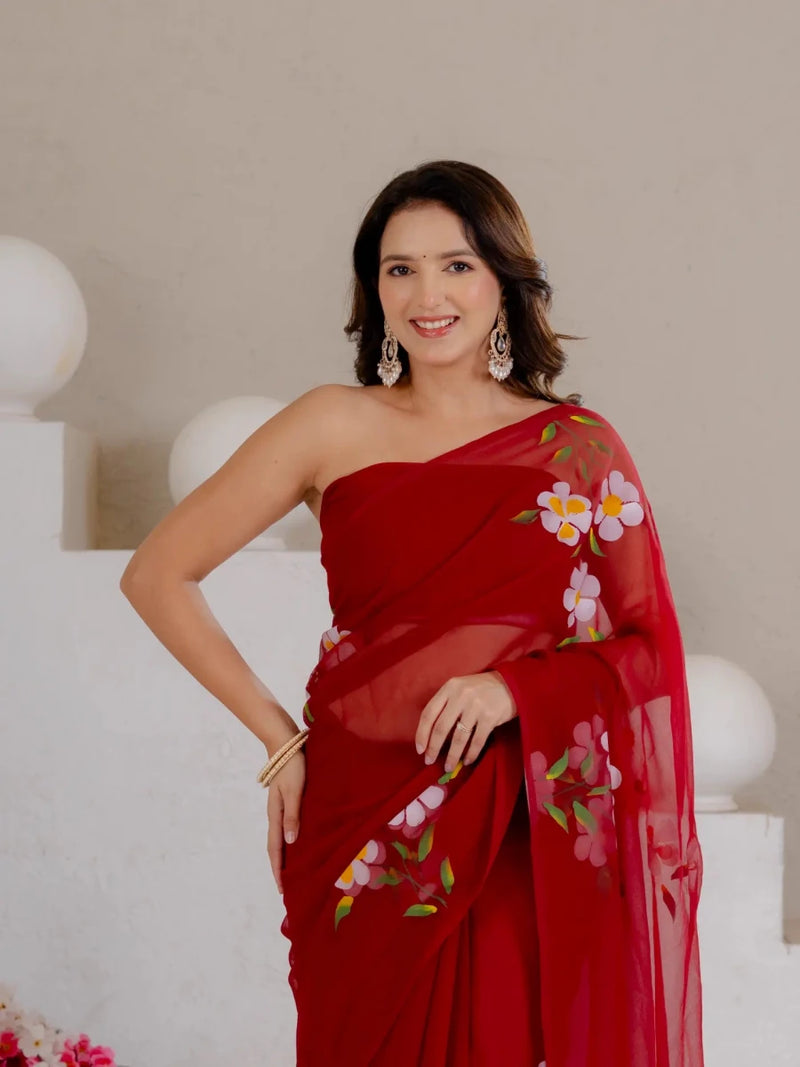 Maroon Hand Painted Georgette Saree with White Hibiscus Floral Print - Shri SKA Sons