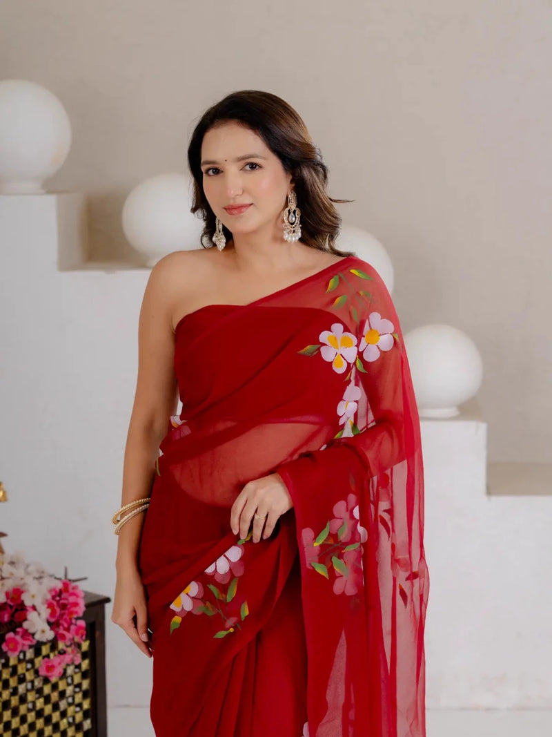 Maroon Hand Painted Georgette Saree with White Hibiscus Floral Print - Shri SKA Sons
