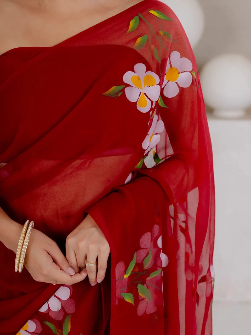 Maroon Hand Painted Georgette Saree with White Hibiscus Floral Print - Shri SKA Sons
