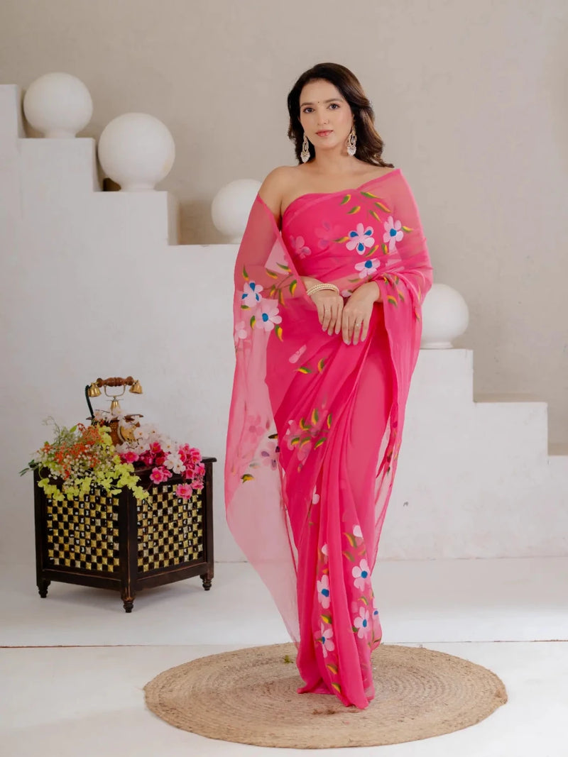 Rani Pink Hand Painted Georgette Saree with White Hibiscus Floral Print - Shri SKA Sons