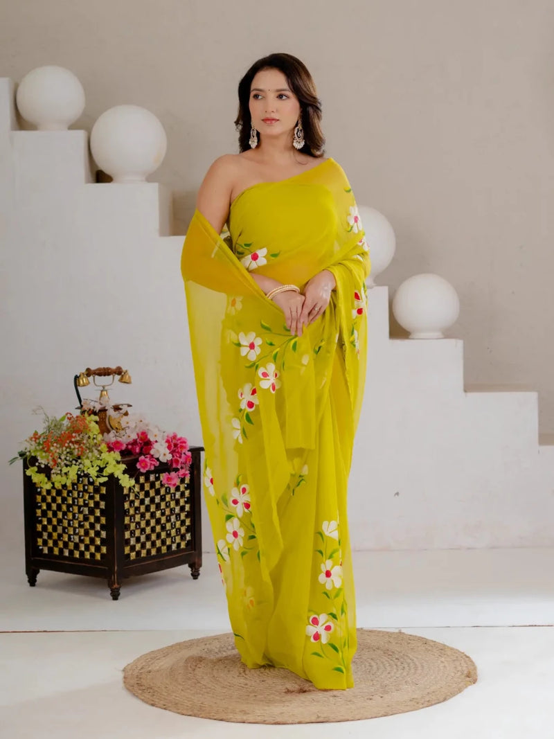 Lime Green Hand Painted Georgette Saree with White Hibiscus Floral Print - Shri SKA Sons