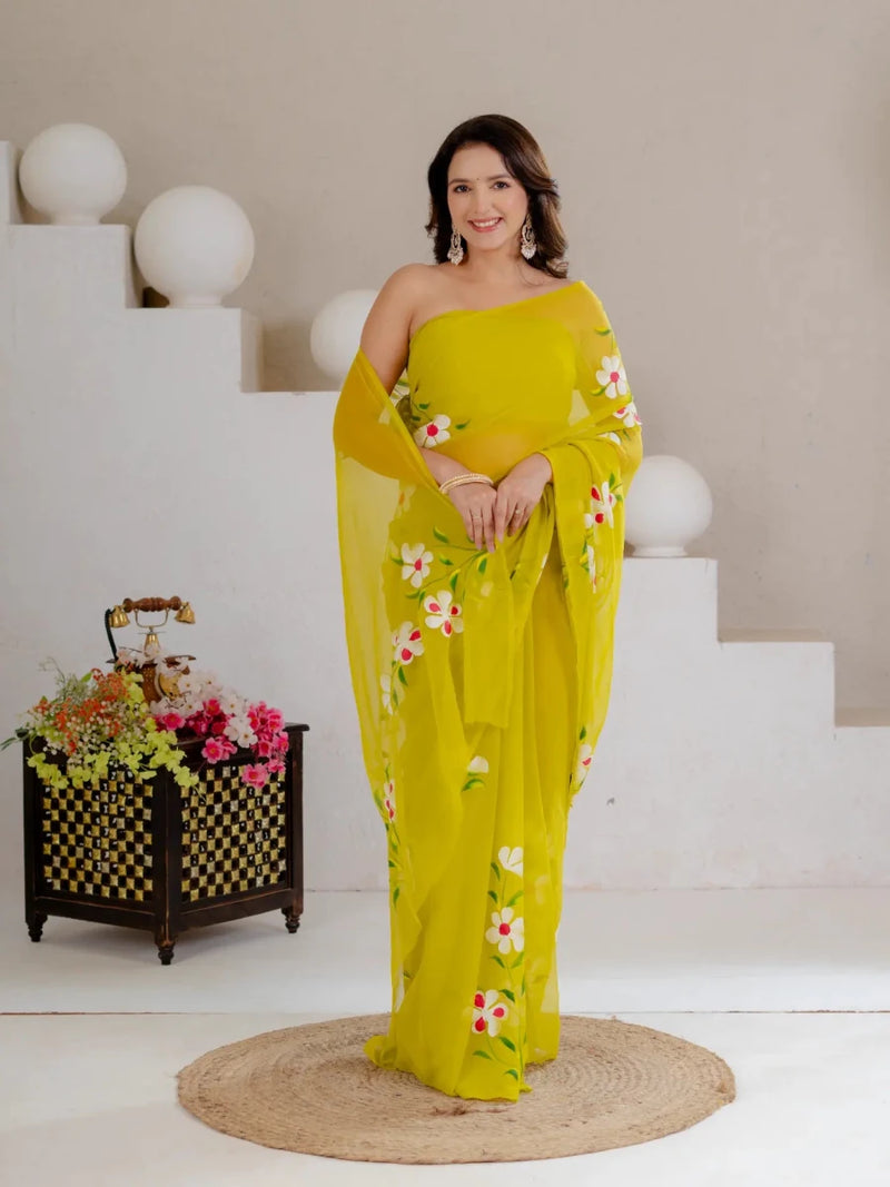 Lime Green Hand Painted Georgette Saree with White Hibiscus Floral Print - Shri SKA Sons