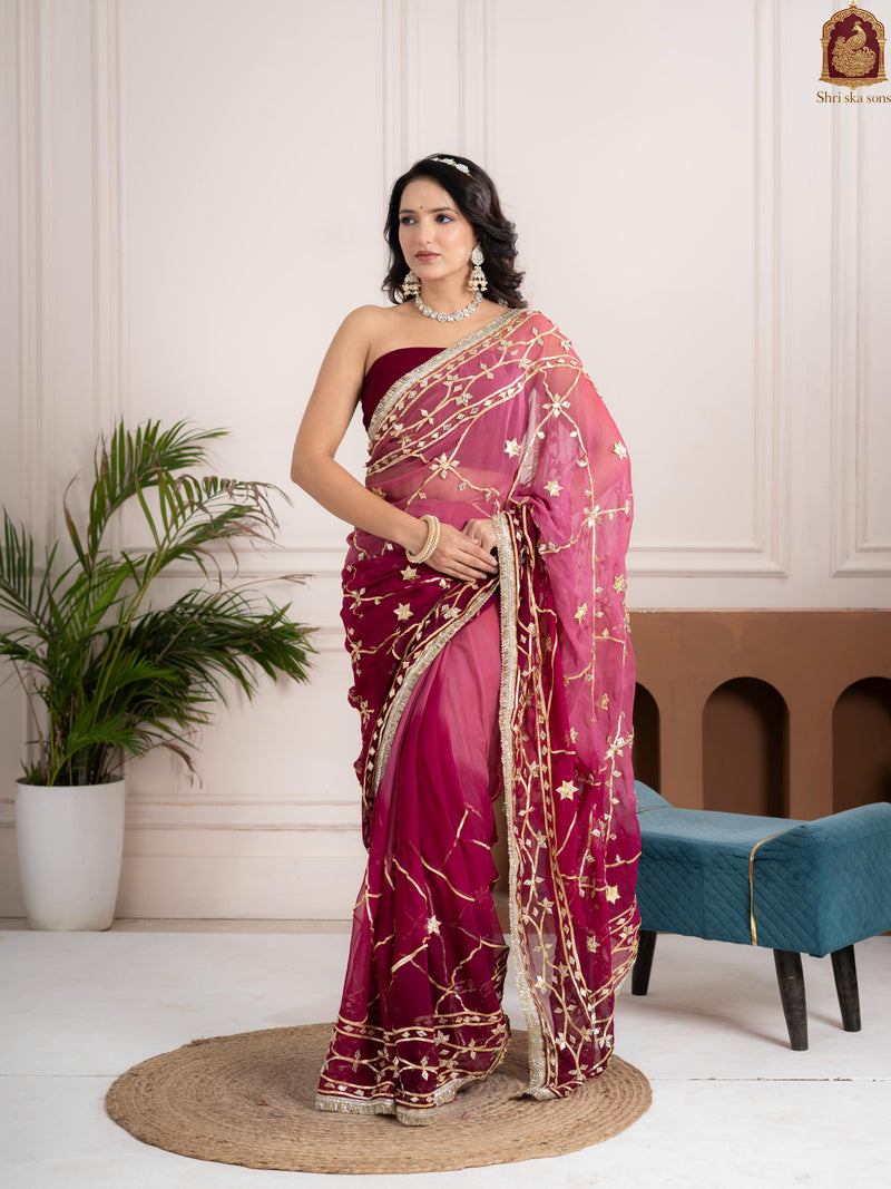 Plum Wine Fancy Hand Die Chiffon Saree with Hand Gota Patti