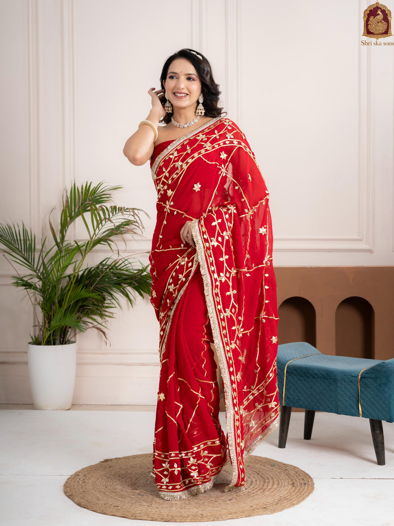 Ruby Red Fancy Hand Die Chiffon Saree with Hand Gota Patti