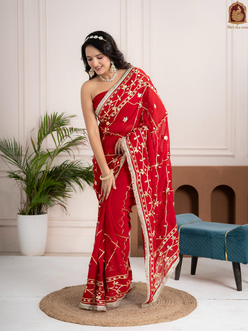 Ruby Red Fancy Hand Die Chiffon Saree with Hand Gota Patti