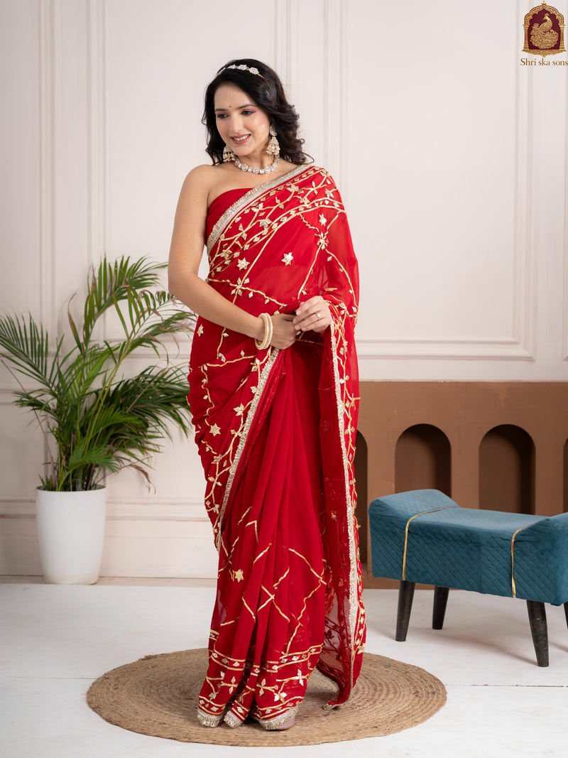 Ruby Red Fancy Hand Die Chiffon Saree with Hand Gota Patti
