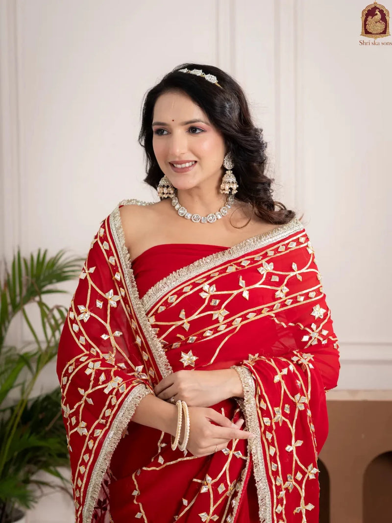 Ruby Red Fancy Hand Die Chiffon Saree with Hand Gota Patti - Shri SKA Sons