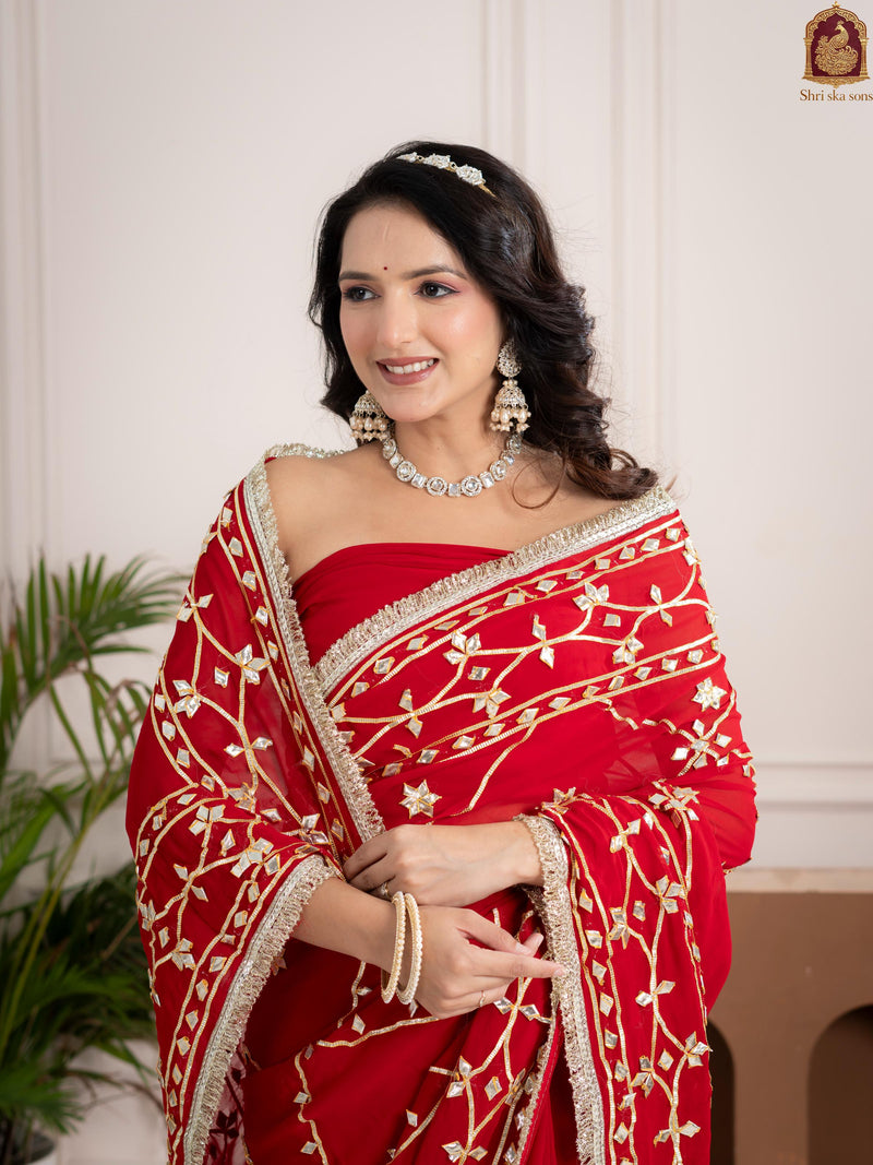 Ruby Red Fancy Hand Die Chiffon Saree with Hand Gota Patti