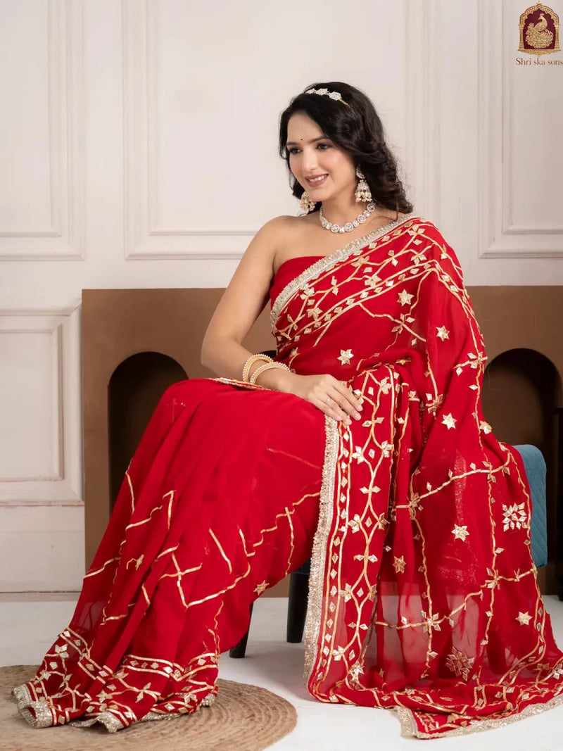 Ruby Red Fancy Hand Die Chiffon Saree with Hand Gota Patti - Shri SKA Sons