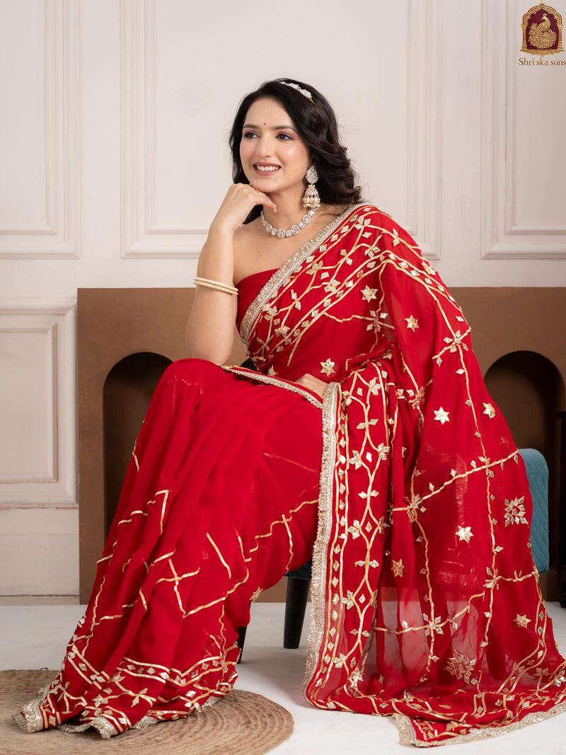 Ruby Red Fancy Hand Die Chiffon Saree with Hand Gota Patti