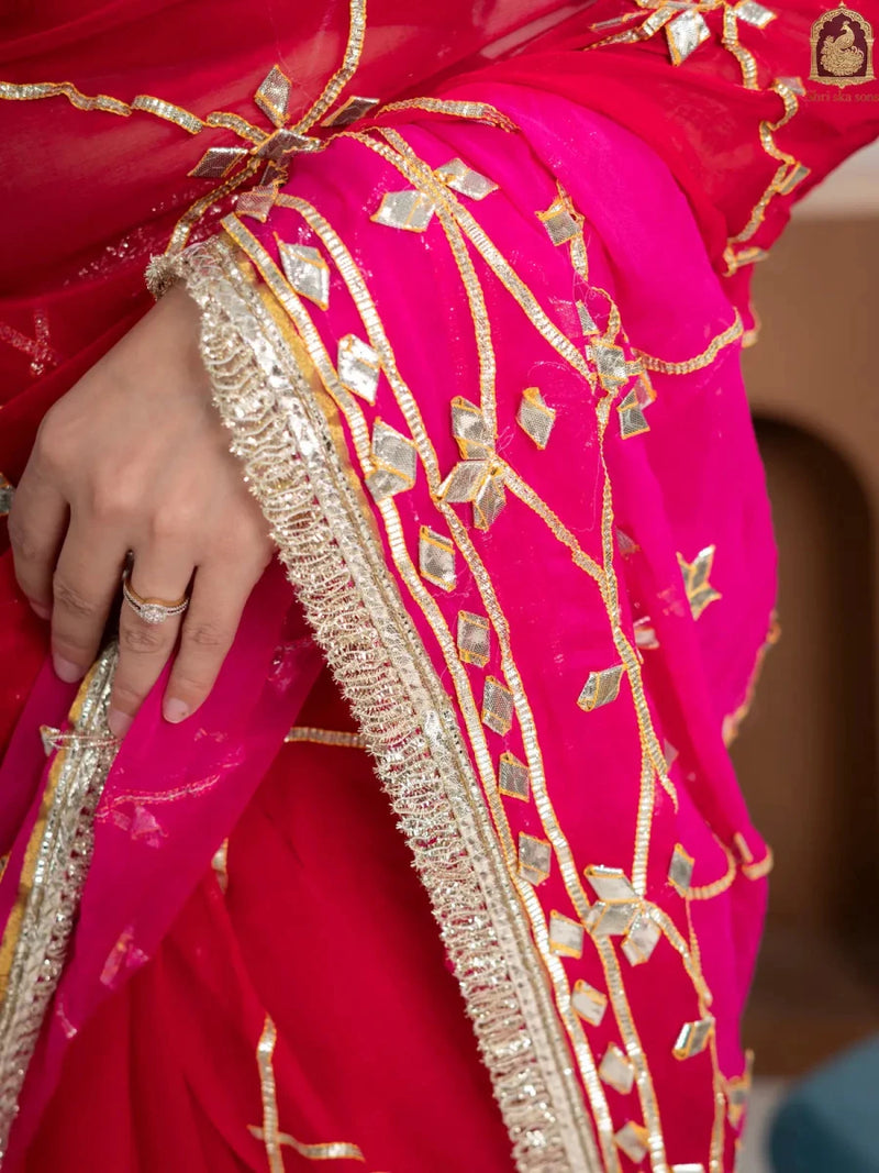 Raspberry Pink Fancy Hand Die Chiffon Saree with Hand Gota Patti - Shri SKA Sons