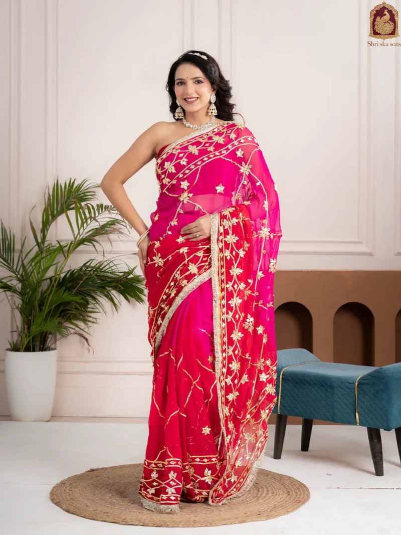 Raspberry Pink Fancy Hand Die Chiffon Saree with Hand Gota Patti - Shri SKA Sons