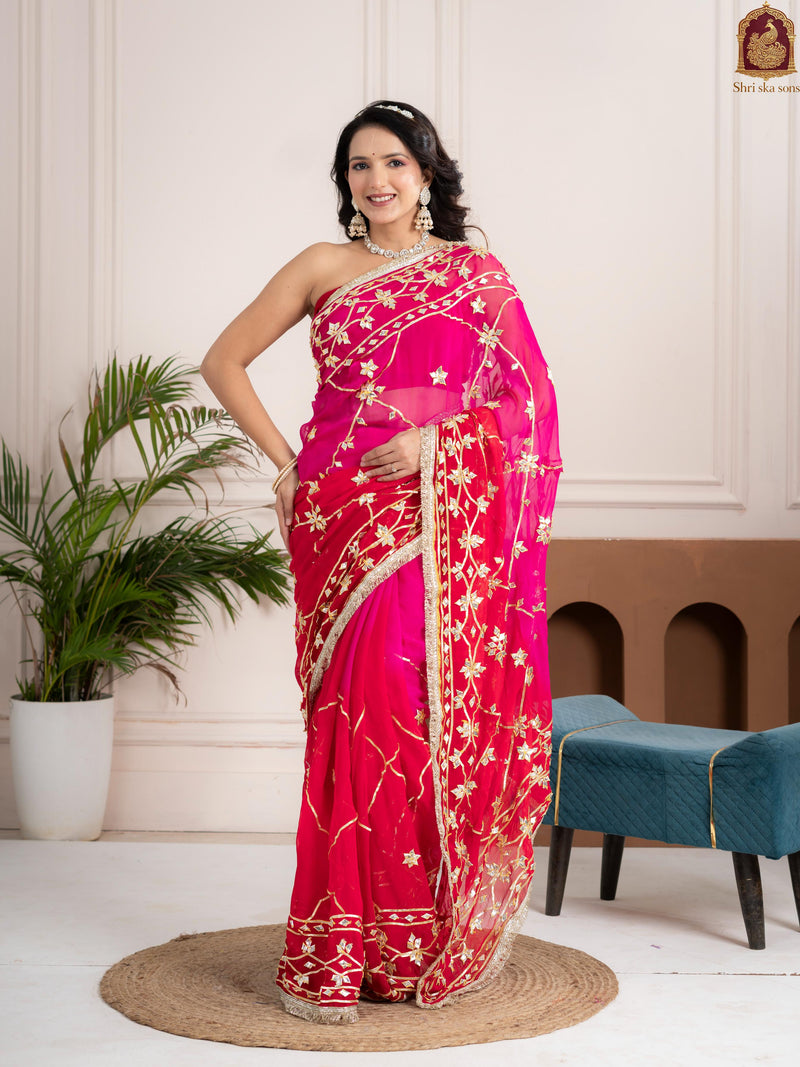 Raspberry Pink Fancy Hand Die Chiffon Saree with Hand Gota Patti