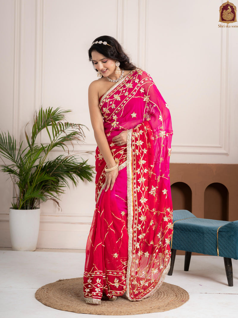 Raspberry Pink Fancy Hand Die Chiffon Saree with Hand Gota Patti