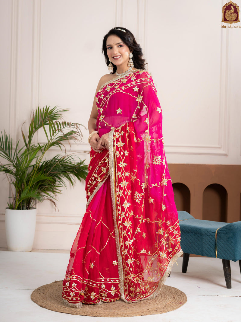 Raspberry Pink Fancy Hand Die Chiffon Saree with Hand Gota Patti