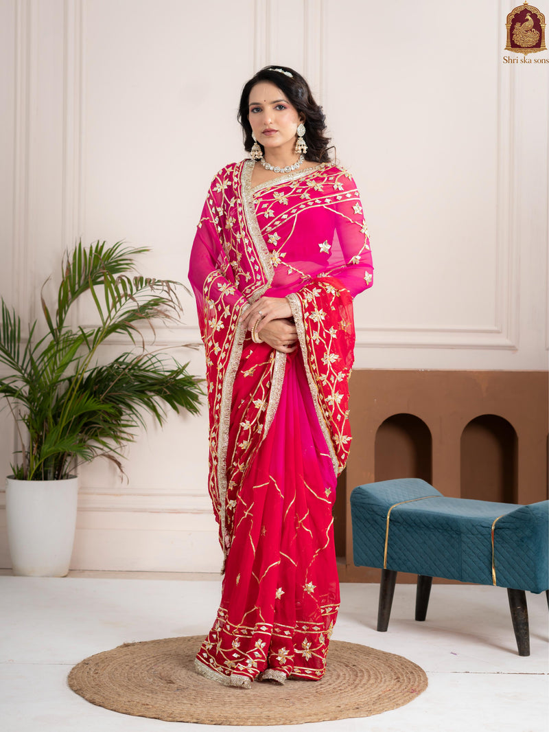 Raspberry Pink Fancy Hand Die Chiffon Saree with Hand Gota Patti