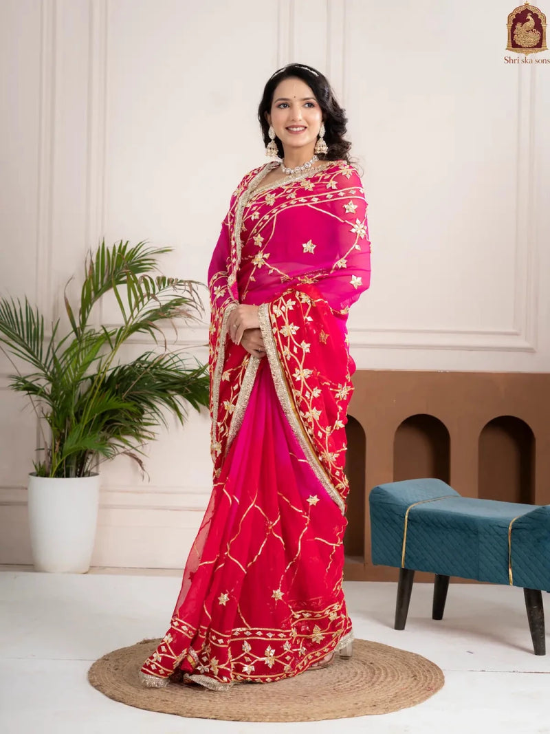 Raspberry Pink Fancy Hand Die Chiffon Saree with Hand Gota Patti - Shri SKA Sons