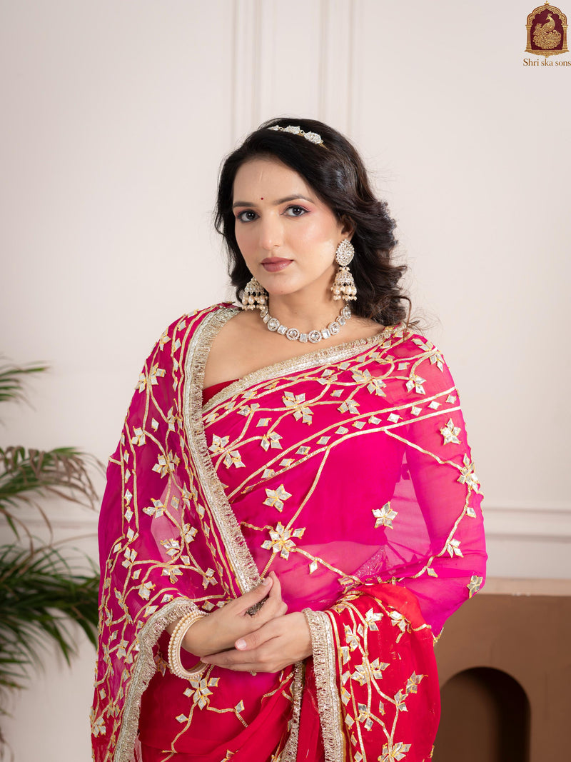 Raspberry Pink Fancy Hand Die Chiffon Saree with Hand Gota Patti