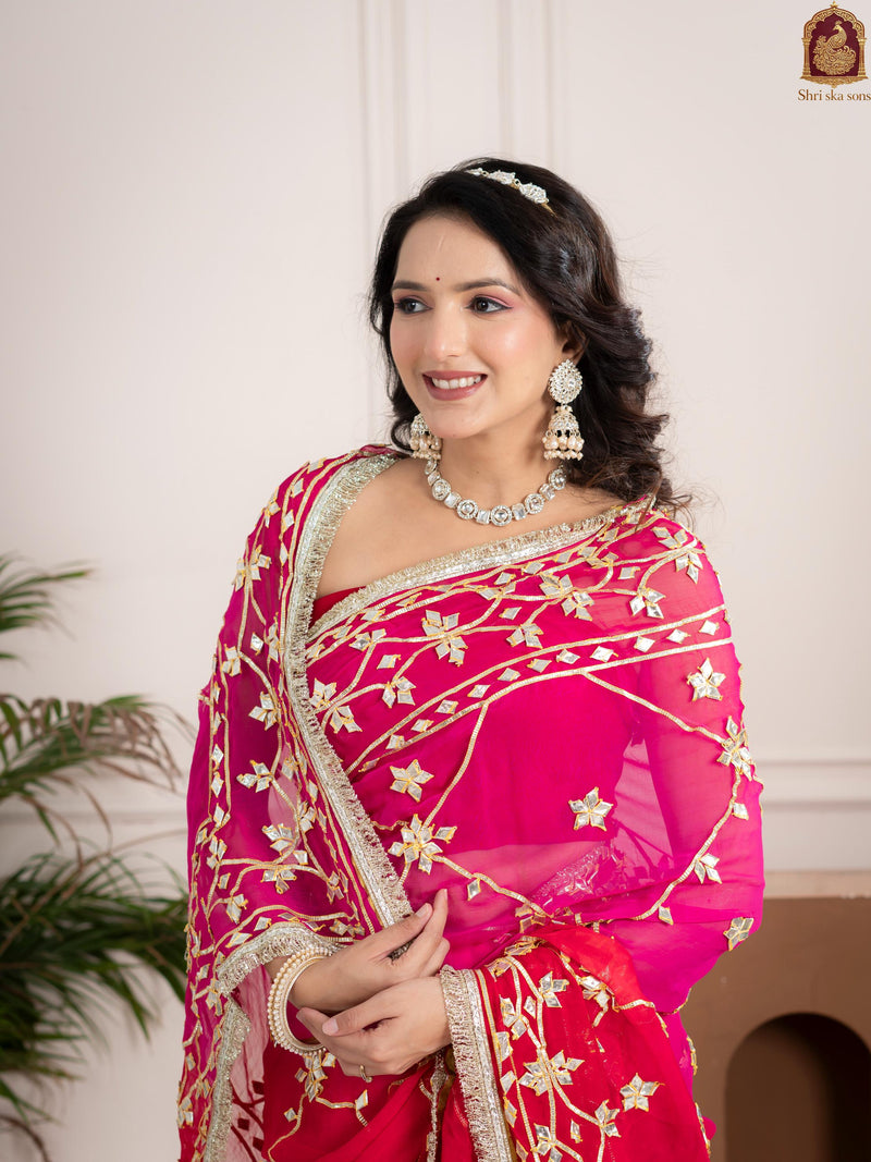 Raspberry Pink Fancy Hand Die Chiffon Saree with Hand Gota Patti