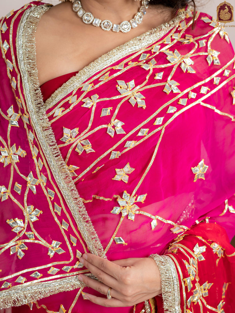 Raspberry Pink Fancy Hand Die Chiffon Saree with Hand Gota Patti
