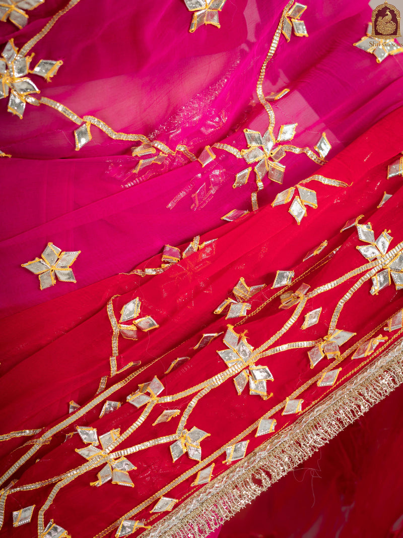 Raspberry Pink Fancy Hand Die Chiffon Saree with Hand Gota Patti