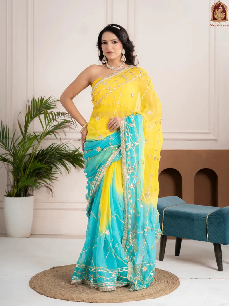 Ocean Lemon Fancy Hand Die Chiffon Saree with Hand Gota Patti - Shri SKA Sons