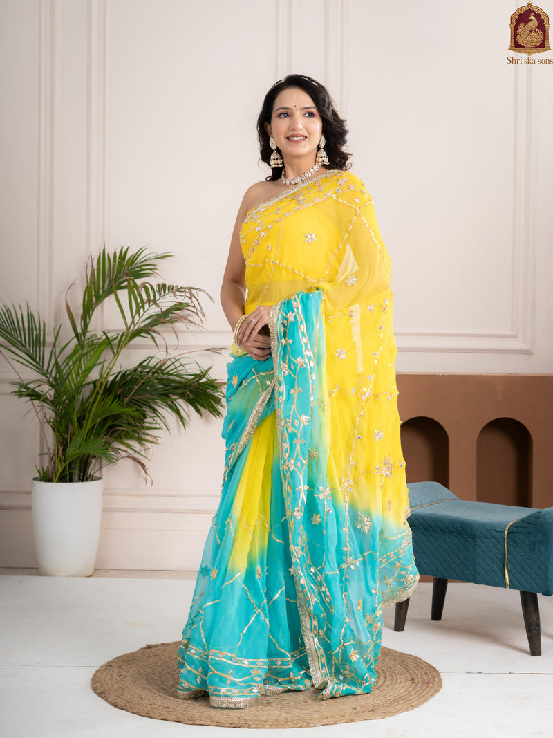Ocean Lemon Fancy Hand Die Chiffon Saree with Hand Gota Patti
