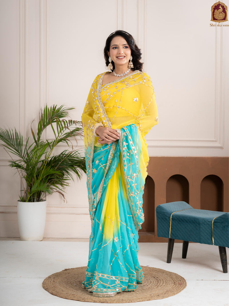 Ocean Lemon Fancy Hand Die Chiffon Saree with Hand Gota Patti