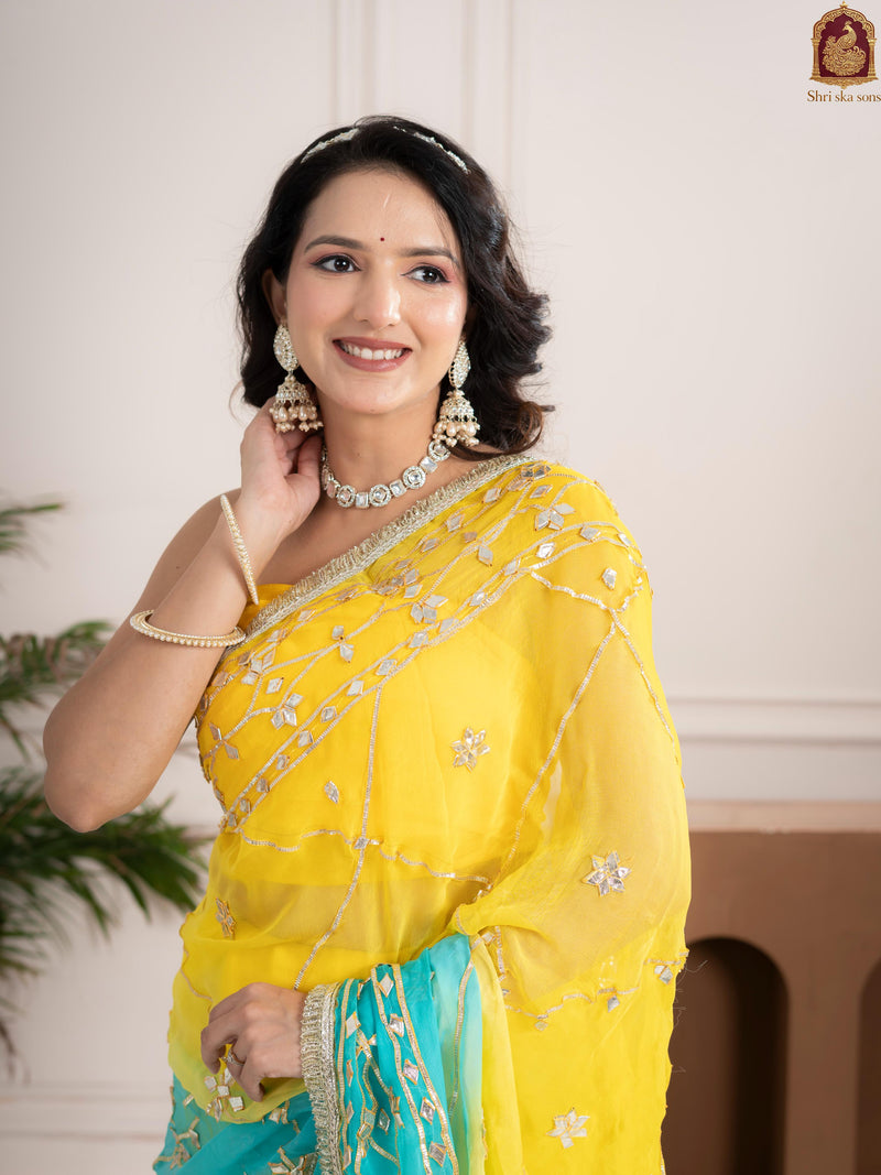 Ocean Lemon Fancy Hand Die Chiffon Saree with Hand Gota Patti