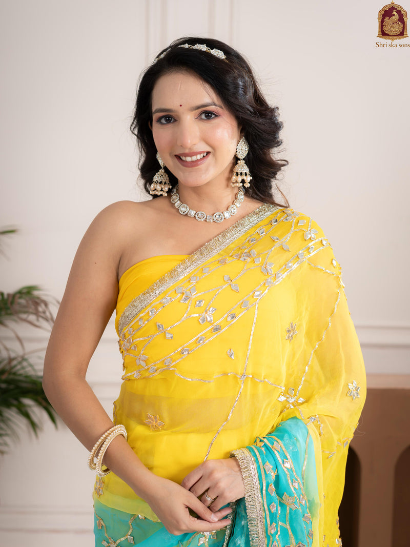 Ocean Lemon Fancy Hand Die Chiffon Saree with Hand Gota Patti