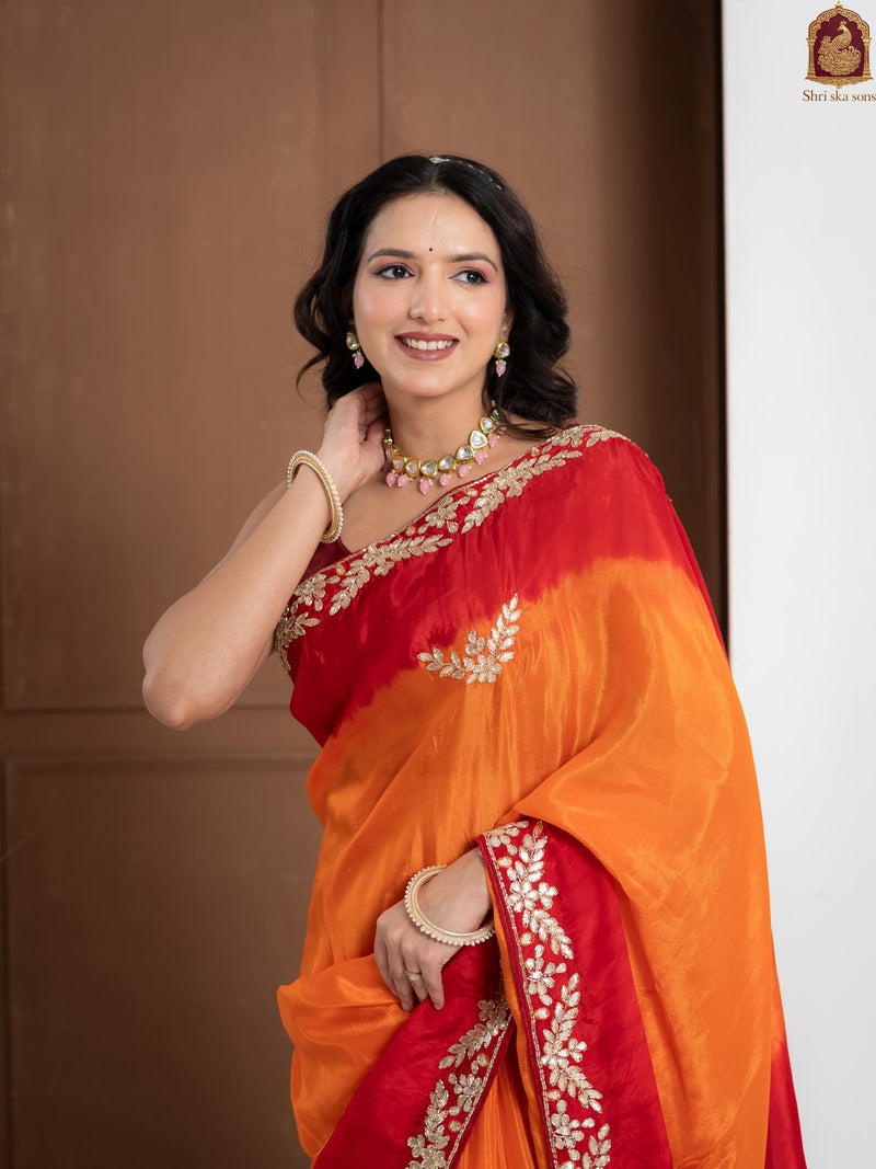 Traditional Rosso Corsa Occasional Sun Die Silk Saree with Zardozi Work